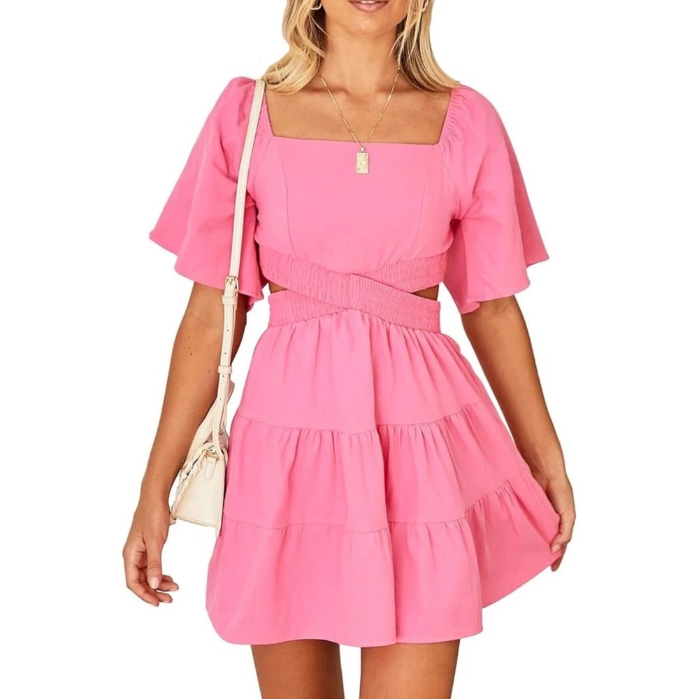 OWNGIGI Hot Pink Cutout Tiered Mini Dress Square Neck Short Flutter Sleeve Small